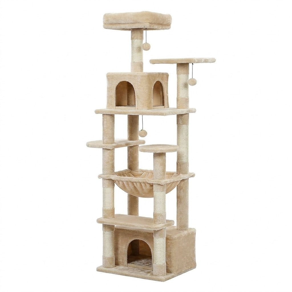 Grand Arbre à Chat 164 cm avec Hamac, coloris beige, photo sur fond blanc