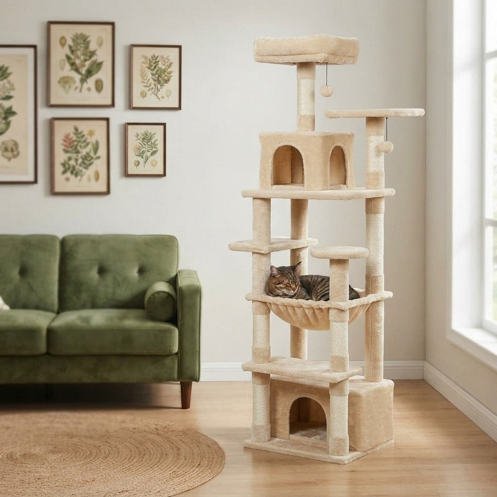 Grand Arbre à Chat 164 cm avec Hamac coloris beige dans un salon, avec un chat