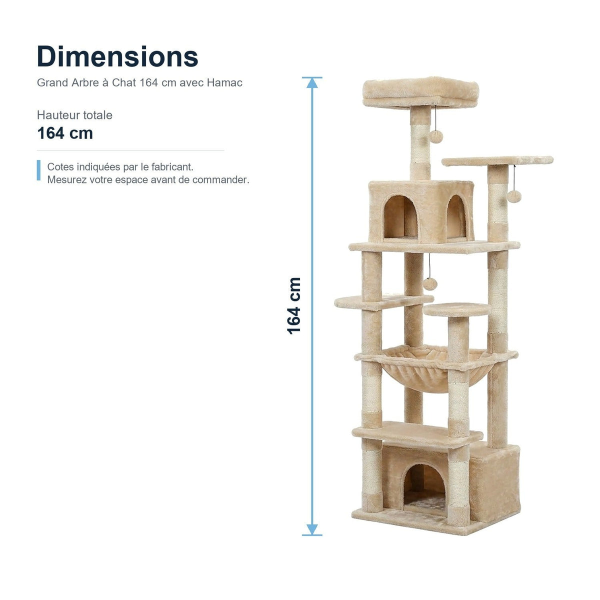 Dimensions : Grand Arbre à Chat 164 cm avec Hamac
