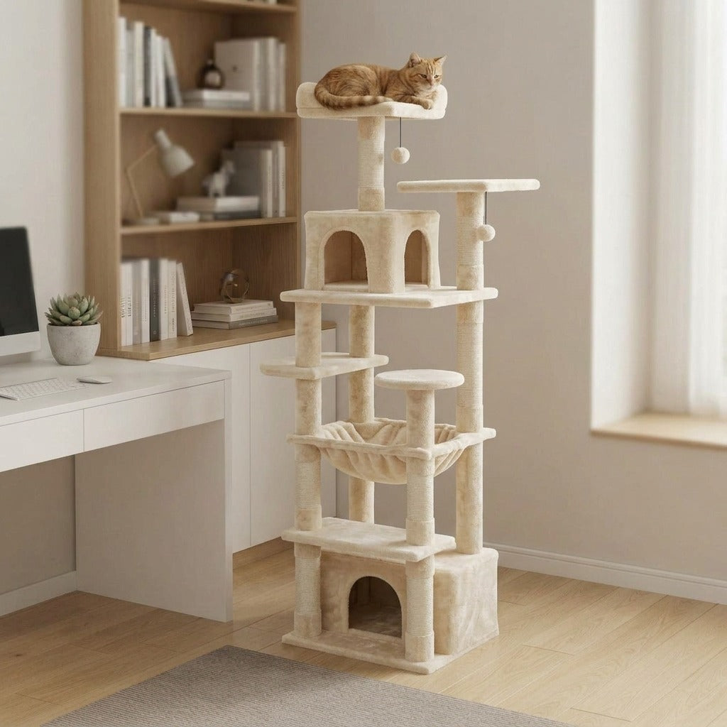 Grand Arbre à Chat 164 cm avec Hamac coloris beige en situation dans un intérieur