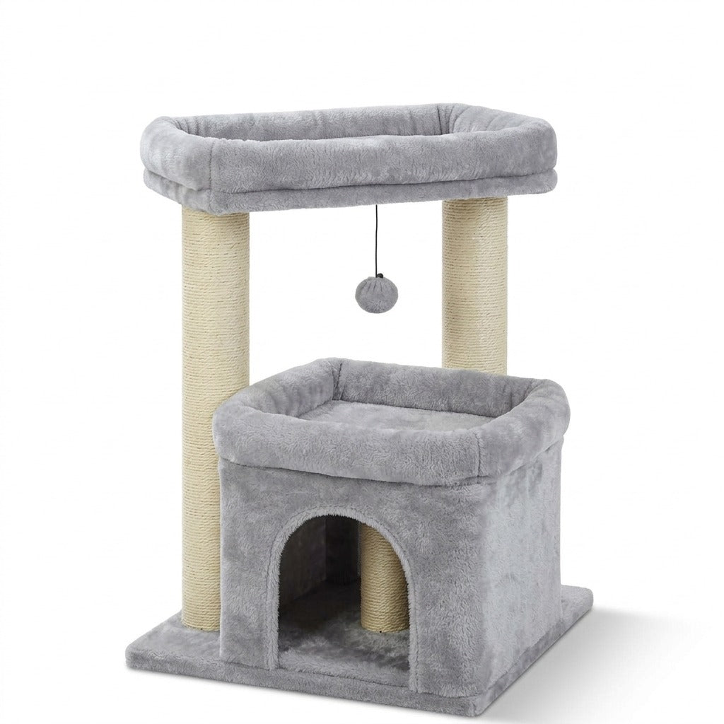 Petit Arbre à Chat 68 cm avec Niche, coloris gris, photo sur fond blanc