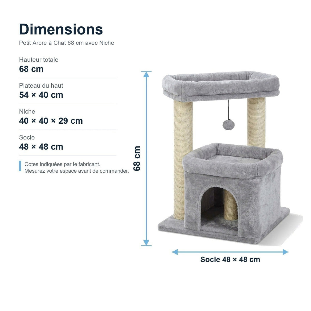 Dimensions : Petit Arbre à Chat 68 cm avec Niche