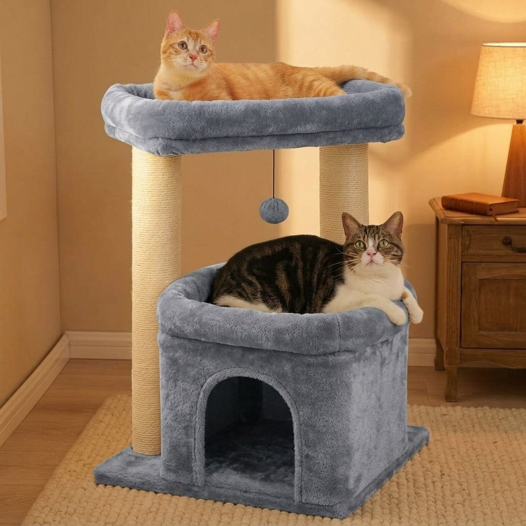 Petit Arbre à Chat 68 cm avec Niche coloris gris en situation dans un intérieur