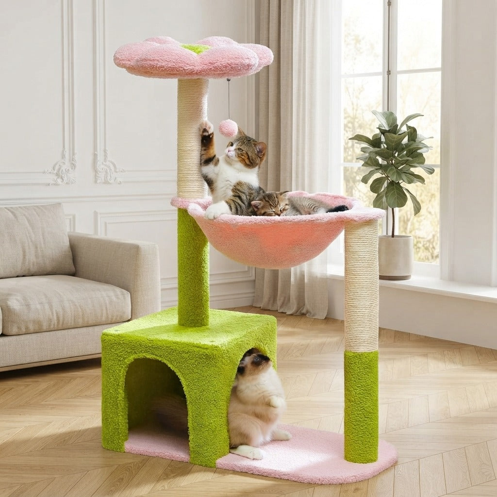 Petit Arbre à Chat Fleur 93 cm pour Chaton dans un salon, avec un chat
