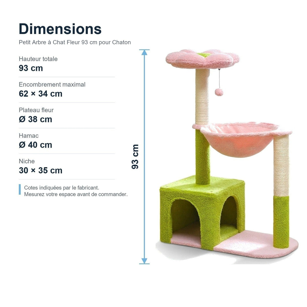 Dimensions : Petit Arbre à Chat Fleur 93 cm pour Chaton