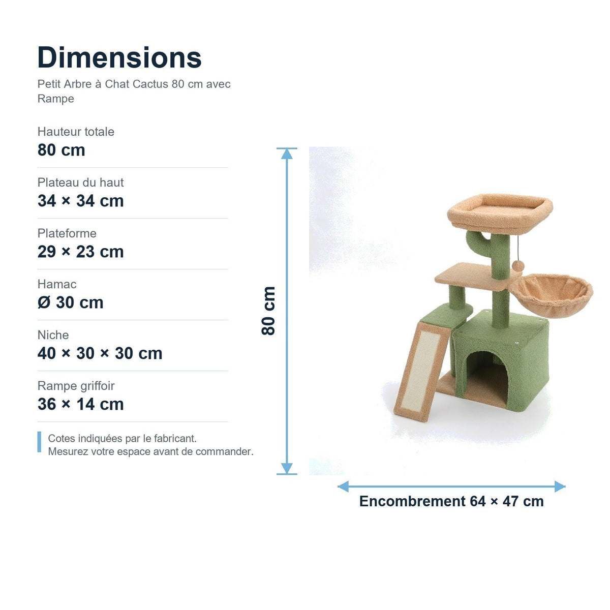 Dimensions : Petit Arbre à Chat Cactus 80 cm avec Rampe