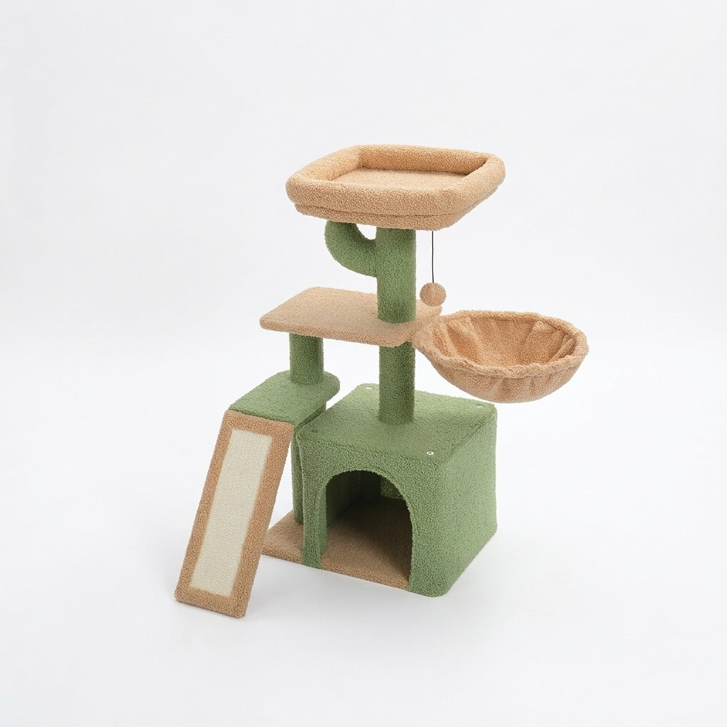 Petit Arbre à Chat Cactus 80 cm avec Rampe, coloris vert, photo sur fond blanc
