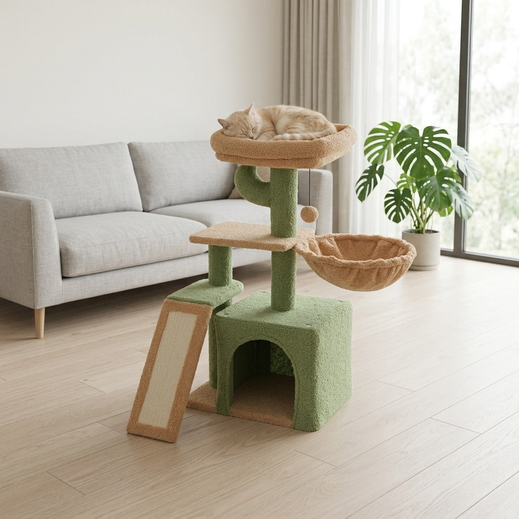 Petit Arbre à Chat Cactus 80 cm avec Rampe coloris vert dans un salon, avec un chat