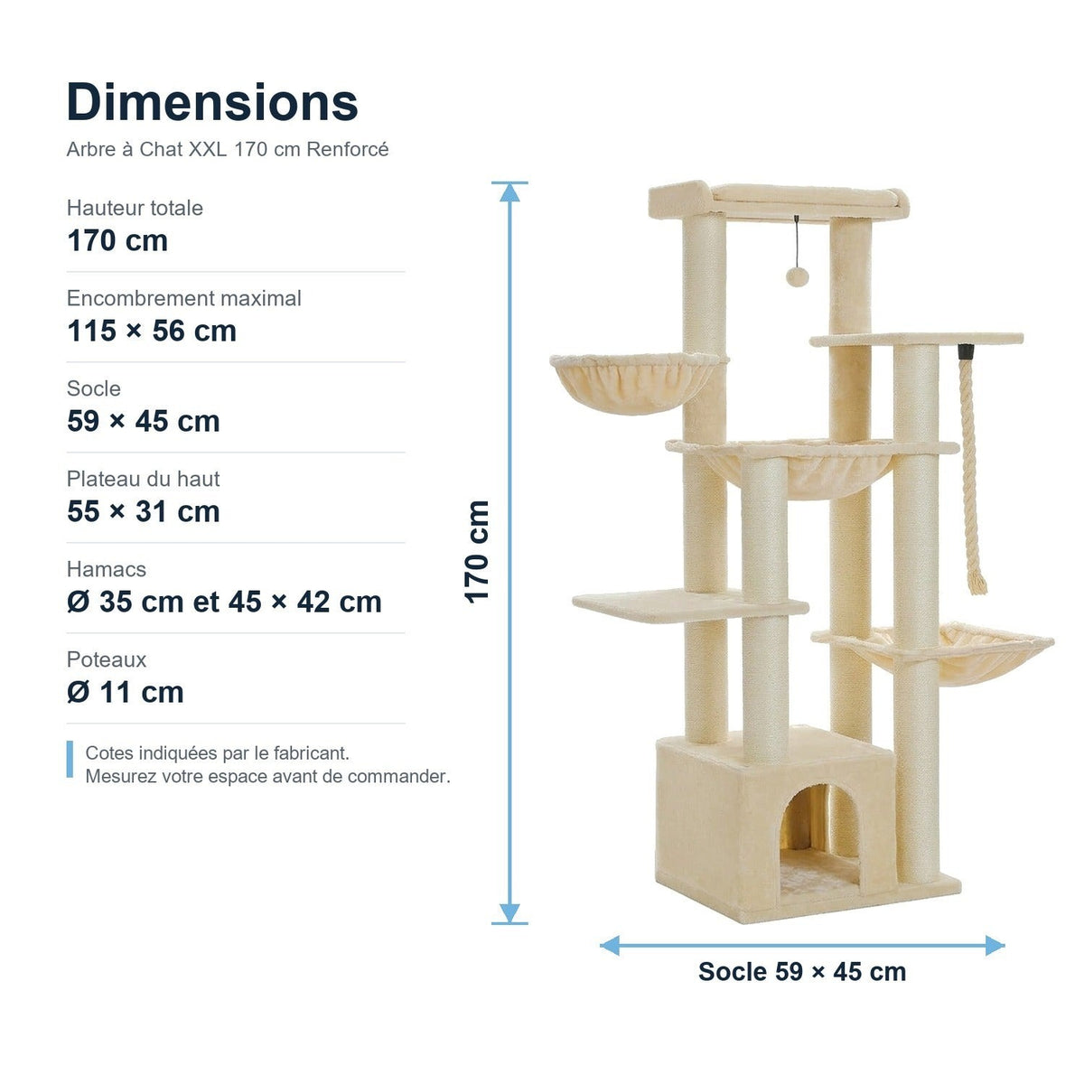 Dimensions : Arbre à Chat XXL 170 cm Renforcé
