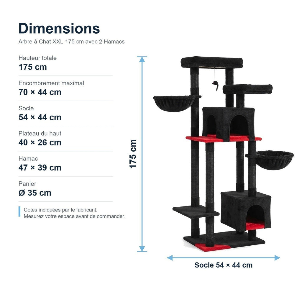 Dimensions : Arbre à Chat XXL 175 cm avec 2 Hamacs