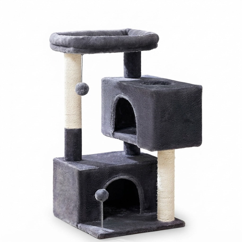Petit Arbre à Chat 80 cm avec 2 Niches, coloris gris foncé