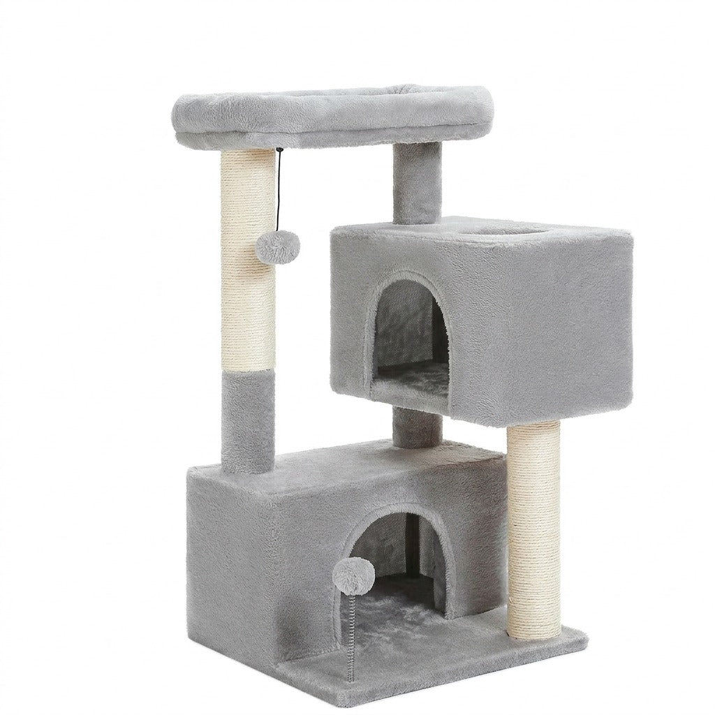 Petit Arbre à Chat 80 cm avec 2 Niches, coloris gris, photo sur fond blanc