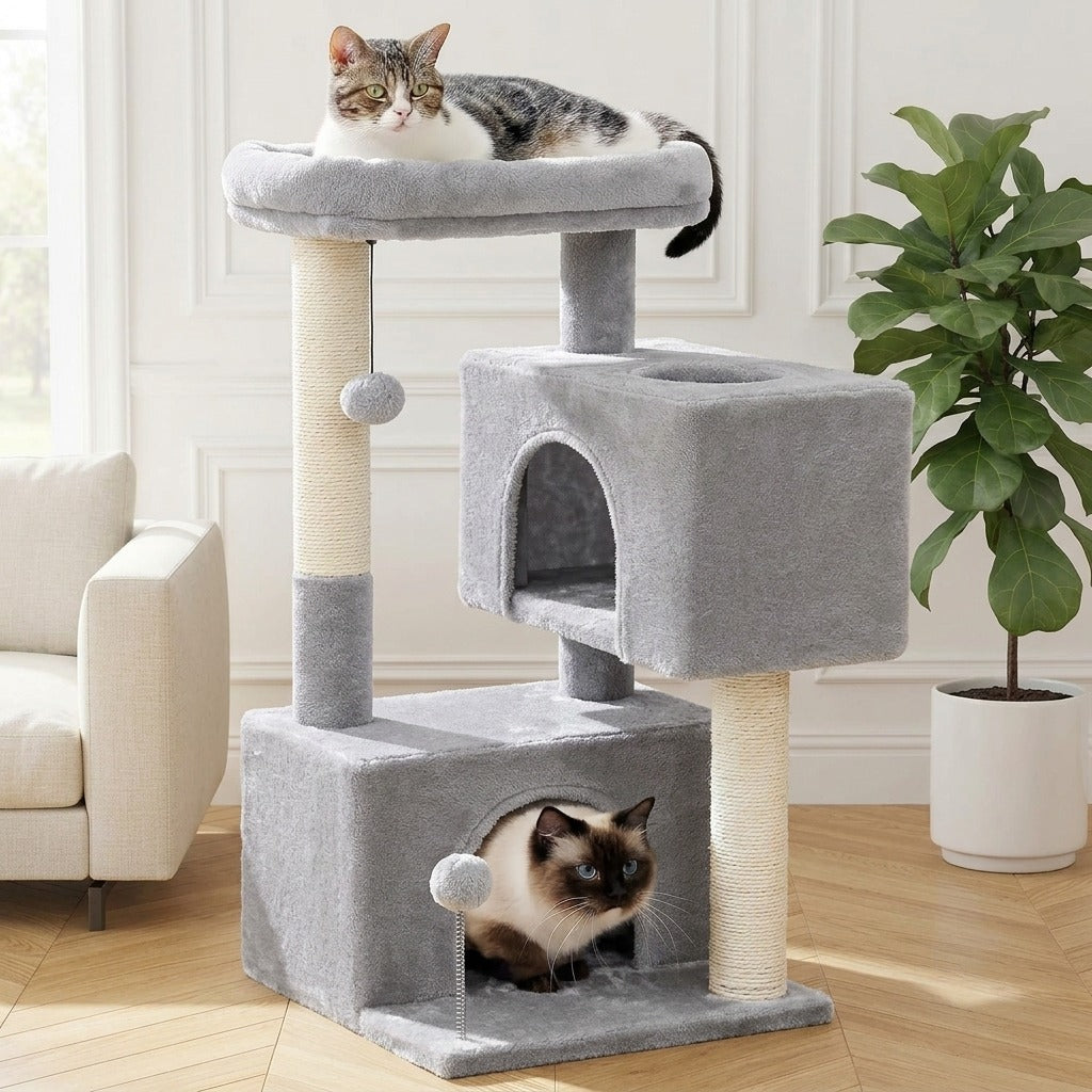 Petit Arbre à Chat 80 cm avec 2 Niches coloris gris dans un salon, avec un chat