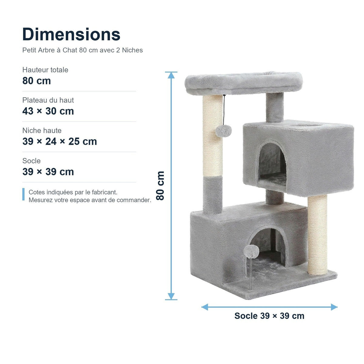 Dimensions : Petit Arbre à Chat 80 cm avec 2 Niches