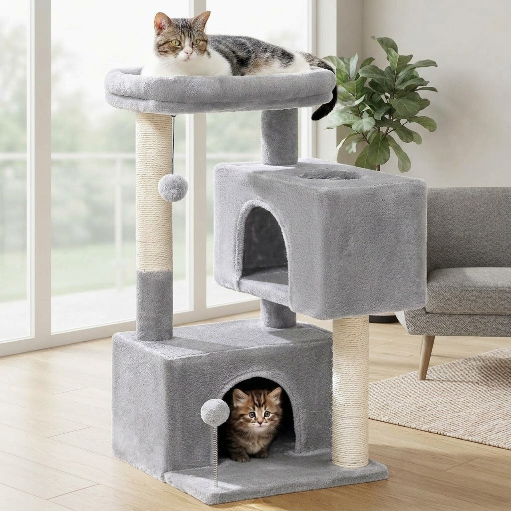 Petit Arbre à Chat 80 cm avec 2 Niches coloris gris en situation dans un intérieur