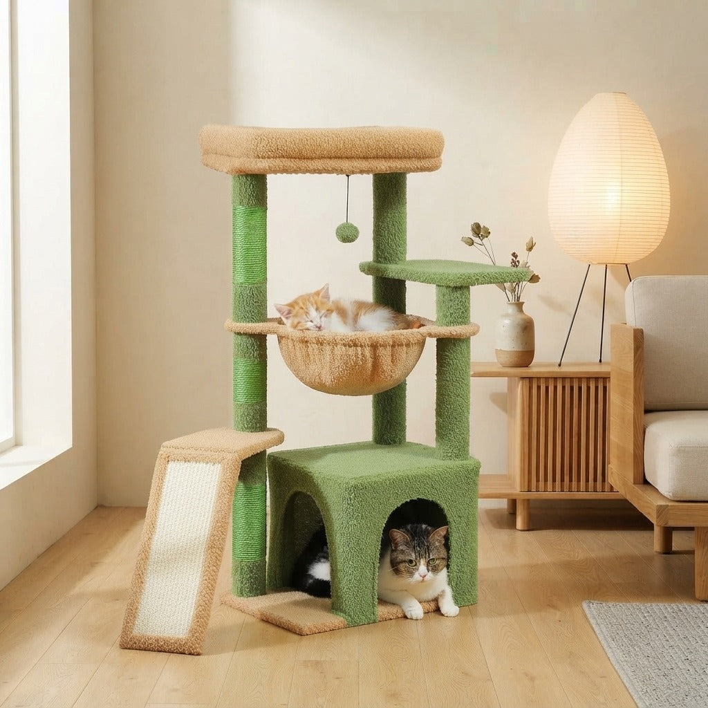 Petit Arbre à Chat Fleur 92 cm avec Niche dans un salon, avec un chat