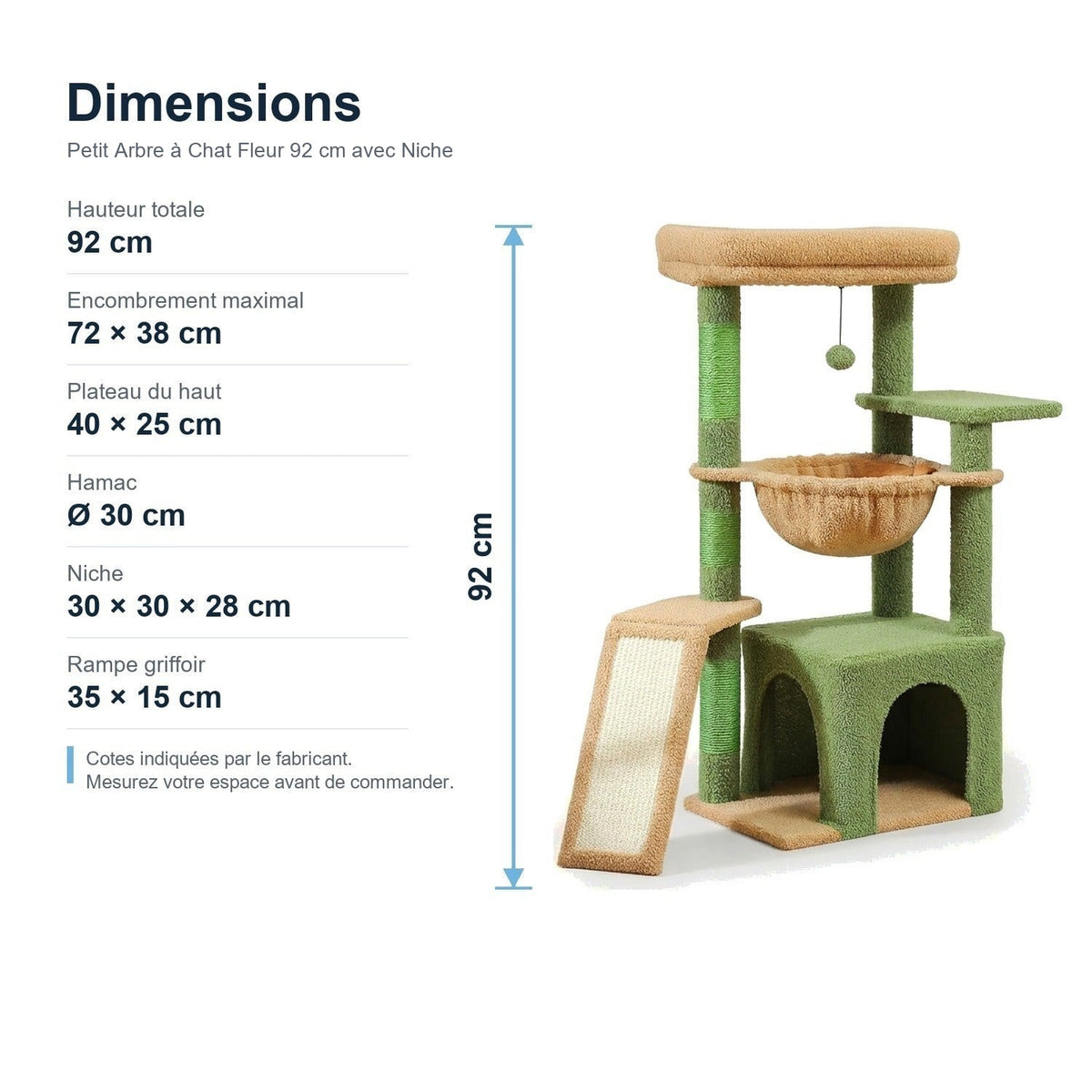 Dimensions : Petit Arbre à Chat Fleur 92 cm avec Niche