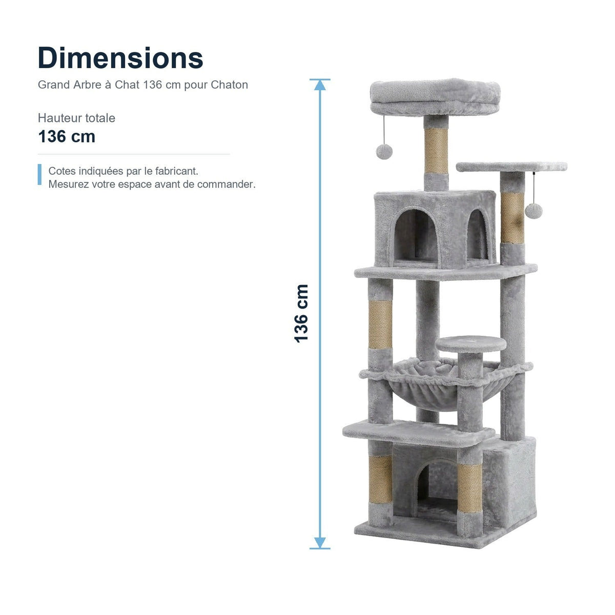 Dimensions : Grand Arbre à Chat 136 cm pour Chaton