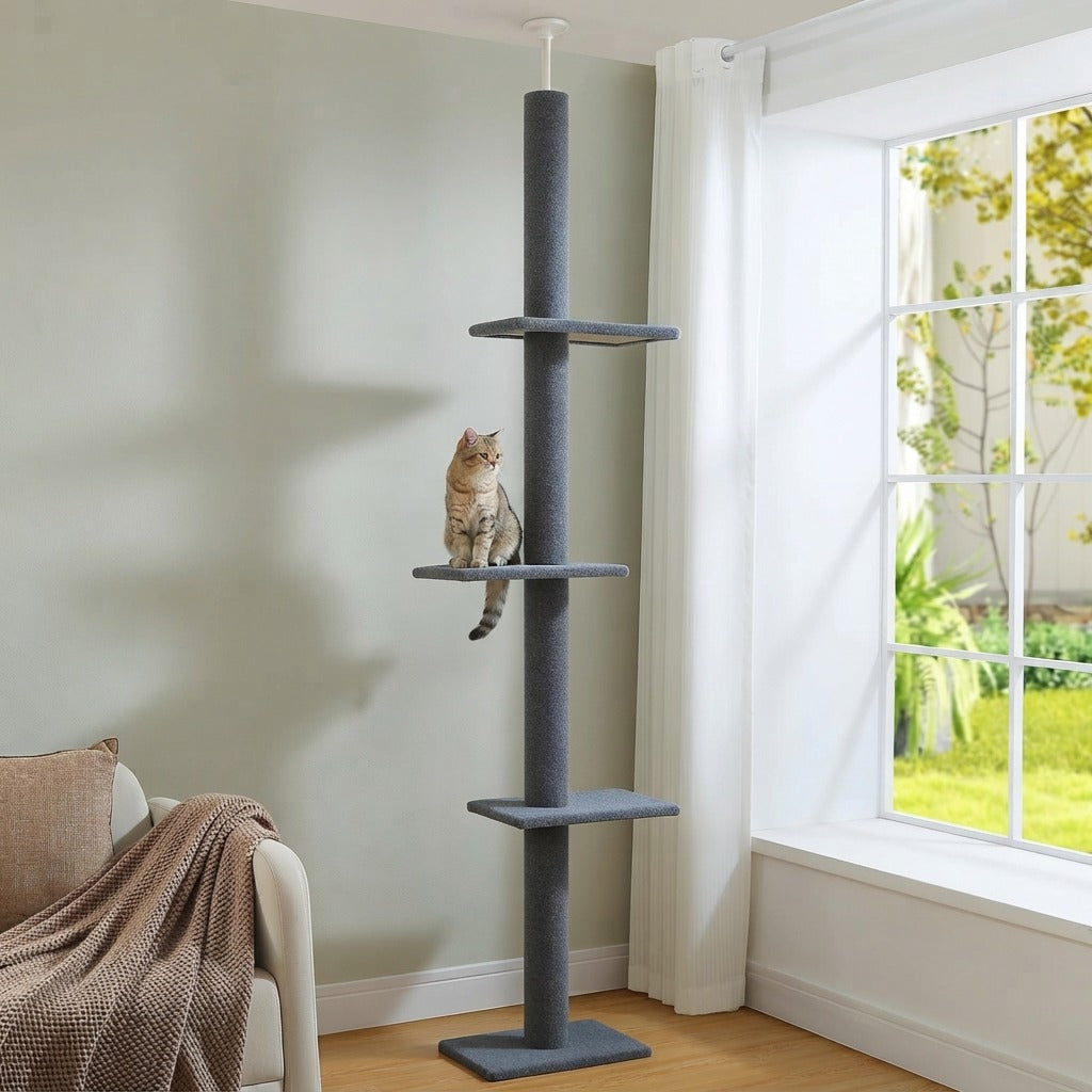 Arbre à Chat Sol-Plafond 228–273 cm dans un salon, avec un chat