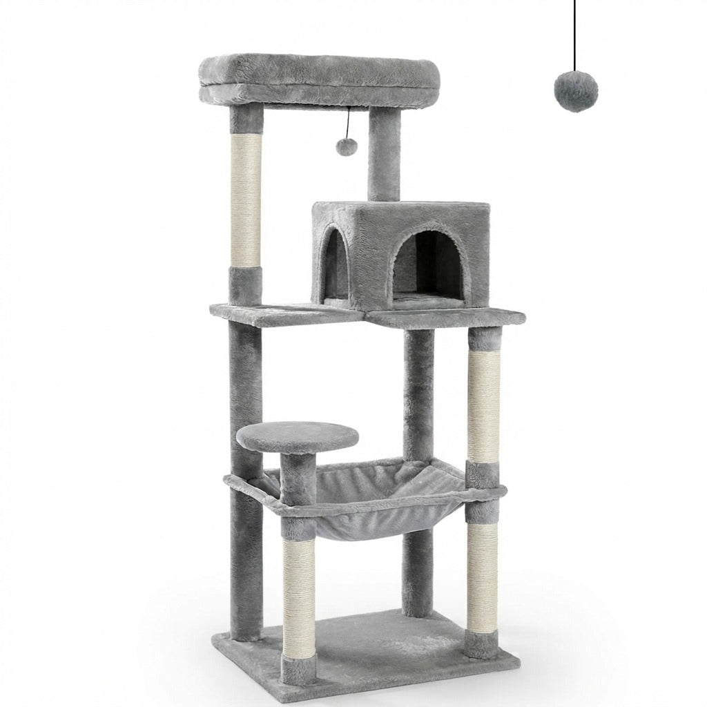 Grand Arbre à Chat 143 cm pour Plusieurs Chats, coloris gris, photo sur fond blanc