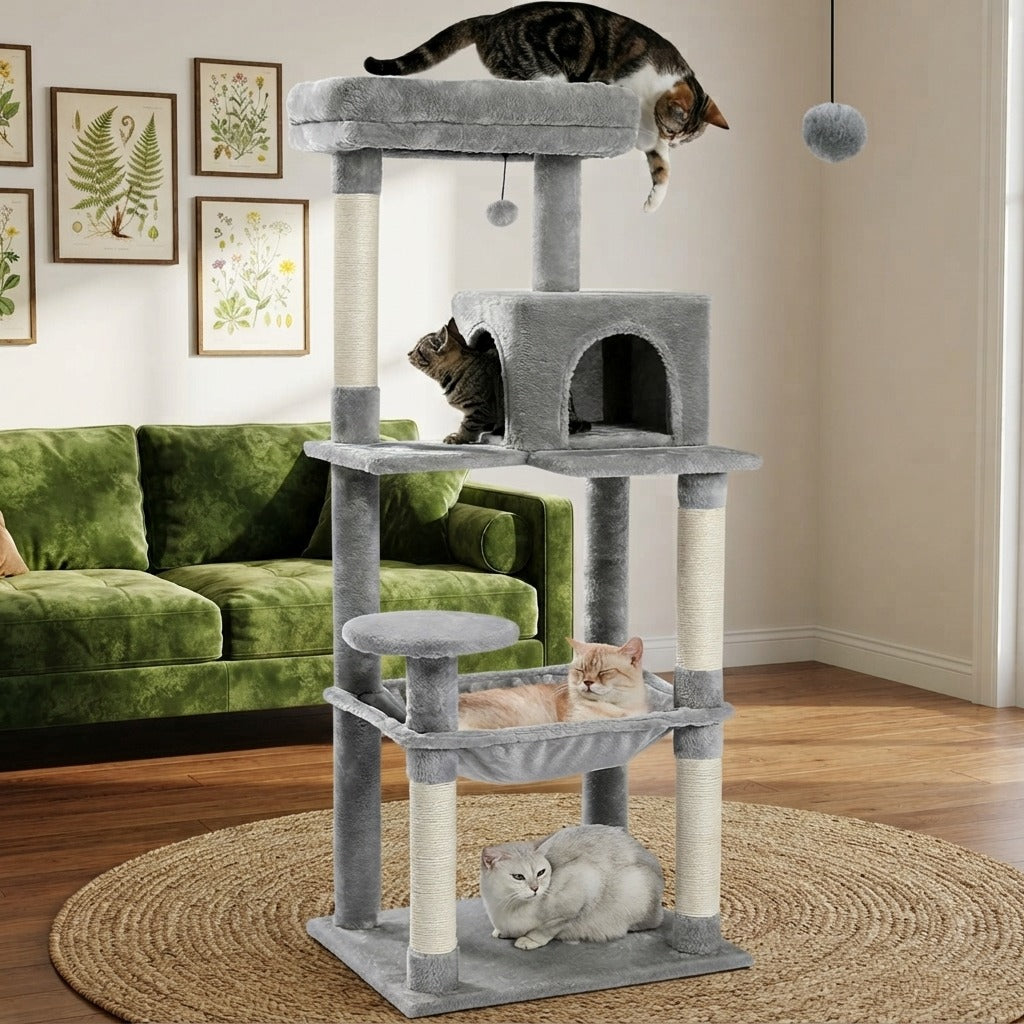 Grand Arbre à Chat 143 cm pour Plusieurs Chats coloris gris dans un salon, avec un chat