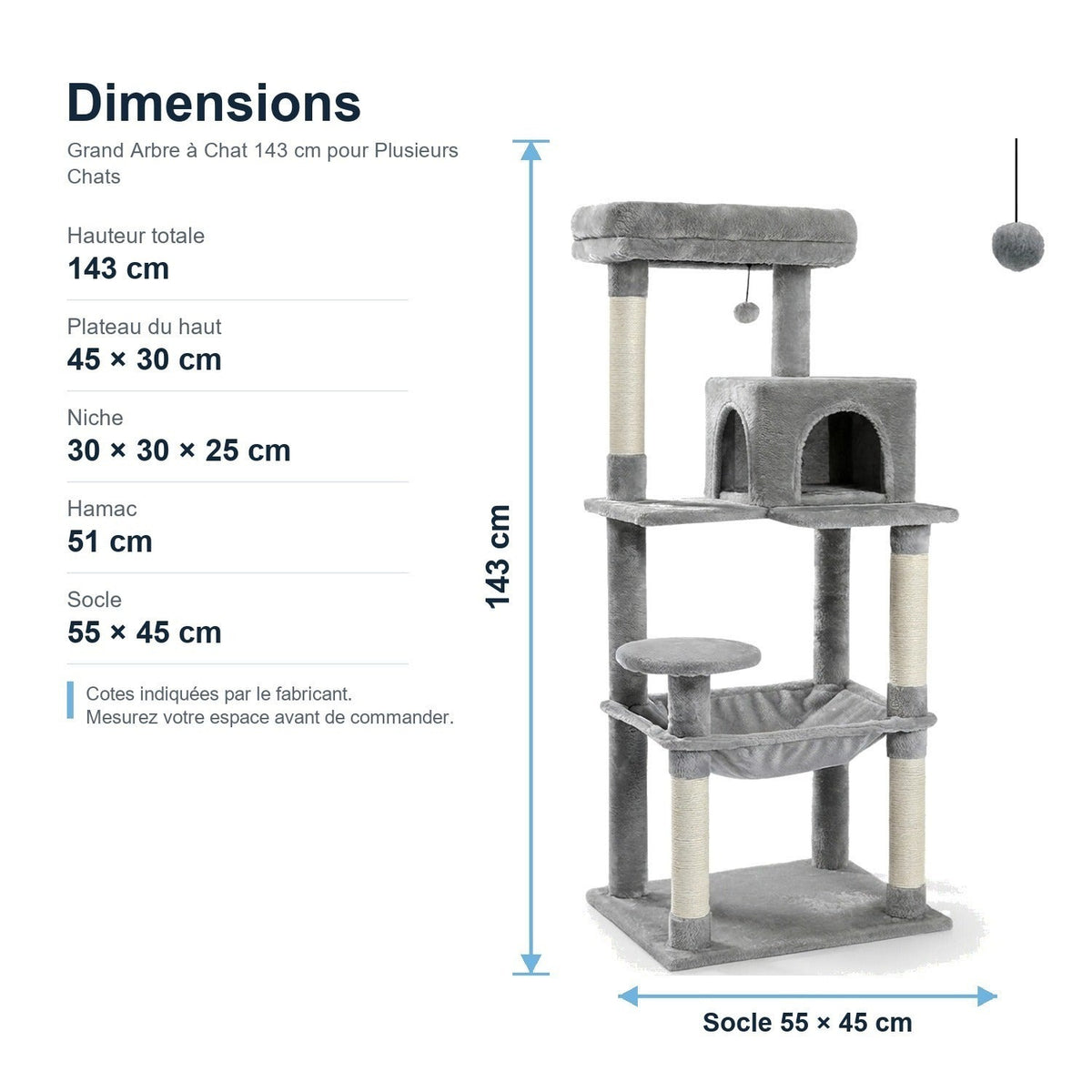 Dimensions : Grand Arbre à Chat 143 cm pour Plusieurs Chats