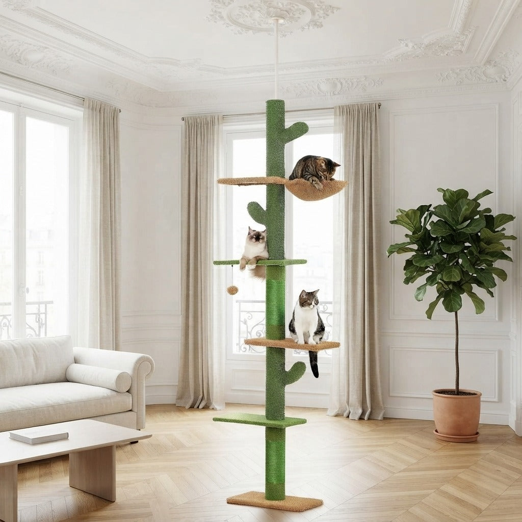Arbre à Chat Cactus Sol-Plafond 229–275 cm dans un salon, avec un chat