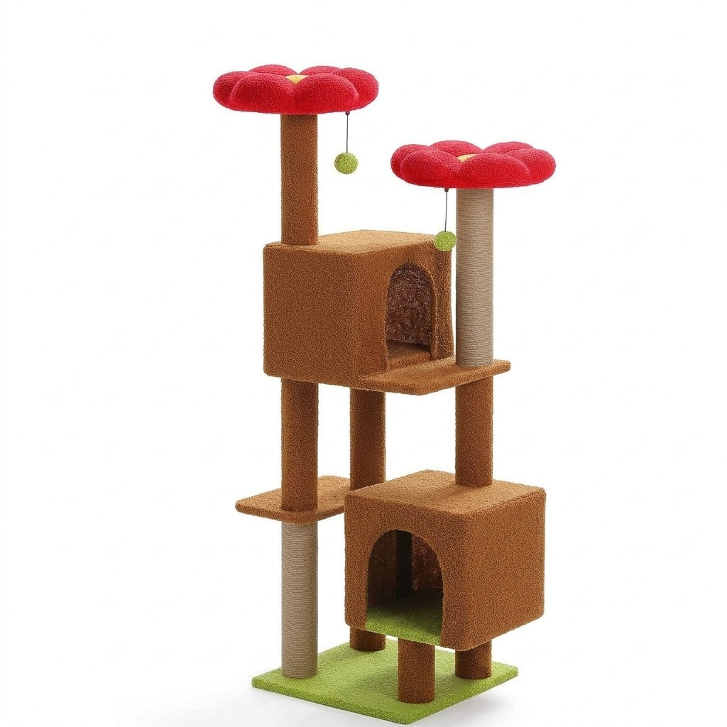 Grand Arbre à Chat 133 cm avec 2 Niches, coloris marron, photo sur fond blanc