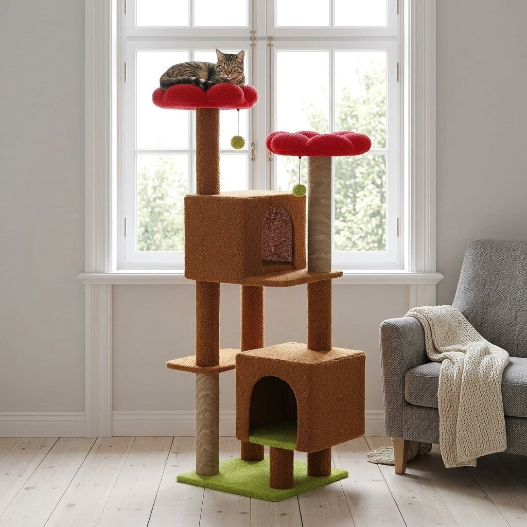 Grand Arbre à Chat 133 cm avec 2 Niches coloris marron dans un salon, avec un chat
