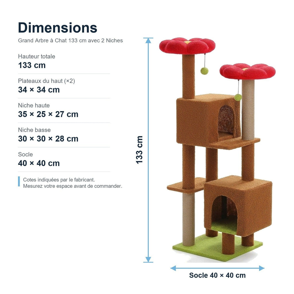 Dimensions : Grand Arbre à Chat 133 cm avec 2 Niches