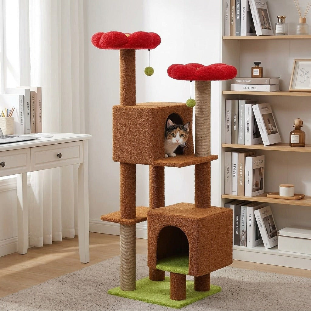 Grand Arbre à Chat 133 cm avec 2 Niches coloris marron en situation dans un intérieur