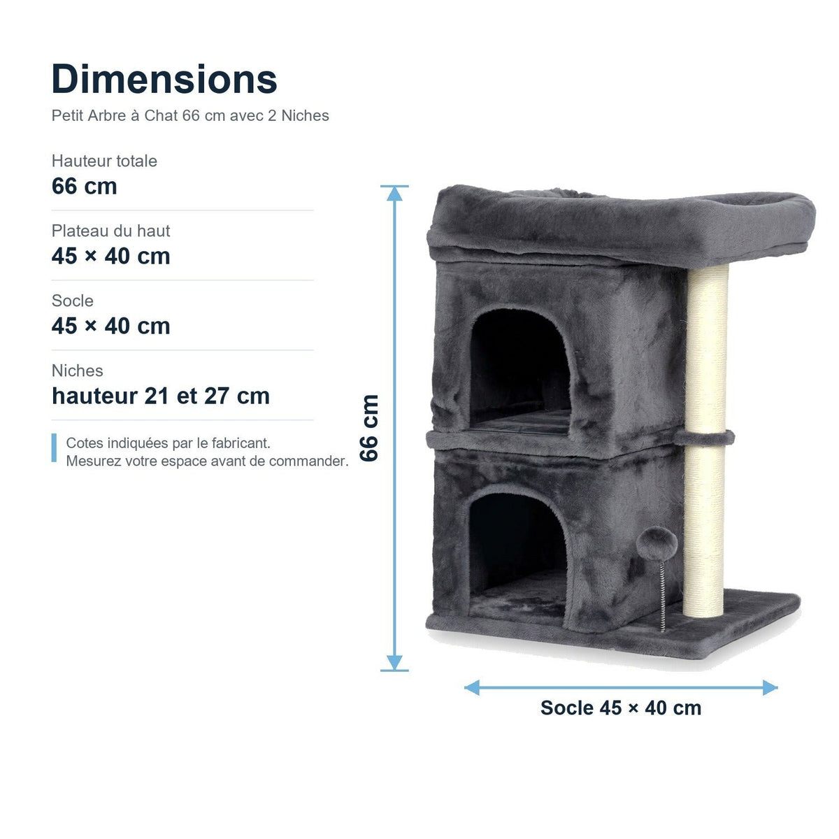 Dimensions : Petit Arbre à Chat 66 cm avec 2 Niches