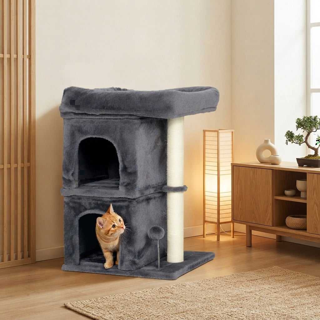 Petit Arbre à Chat 66 cm avec 2 Niches en situation dans un intérieur