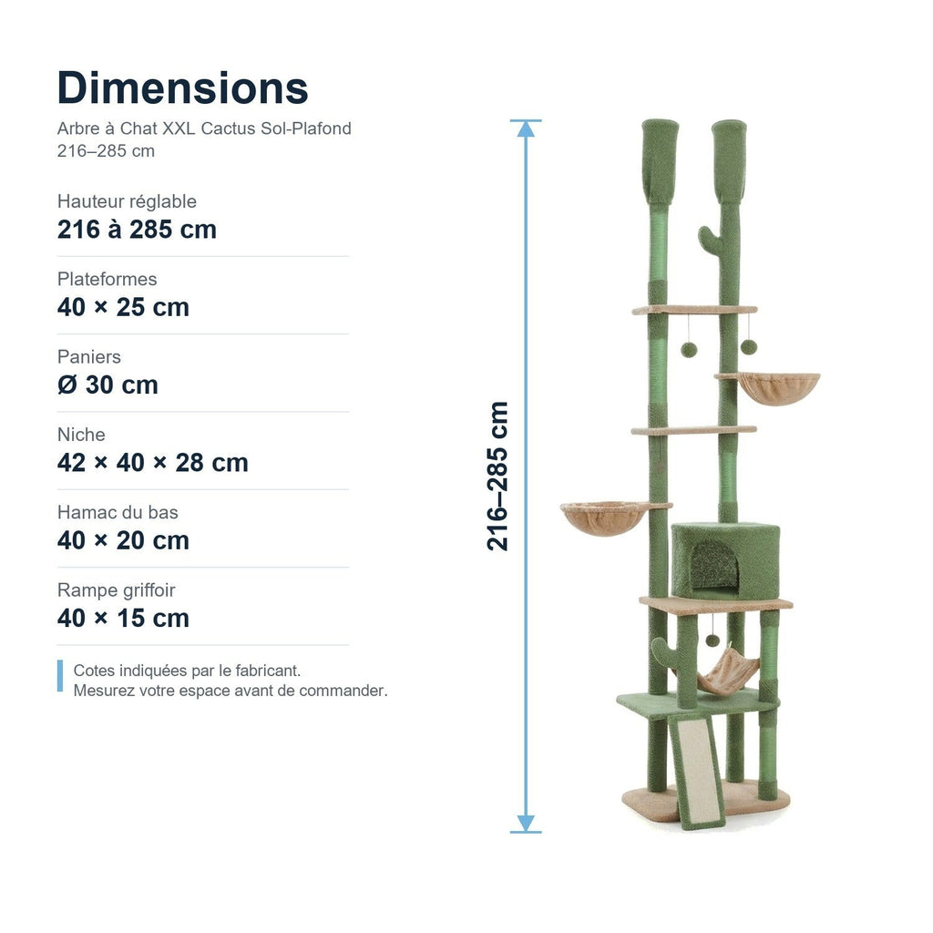 Dimensions : Arbre à Chat Cactus Sol-Plafond 216–285 cm