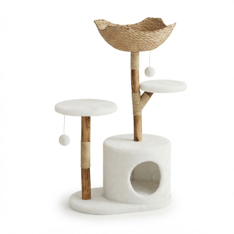 Arbre à Chat Design en Bois et Rotin 116 cm