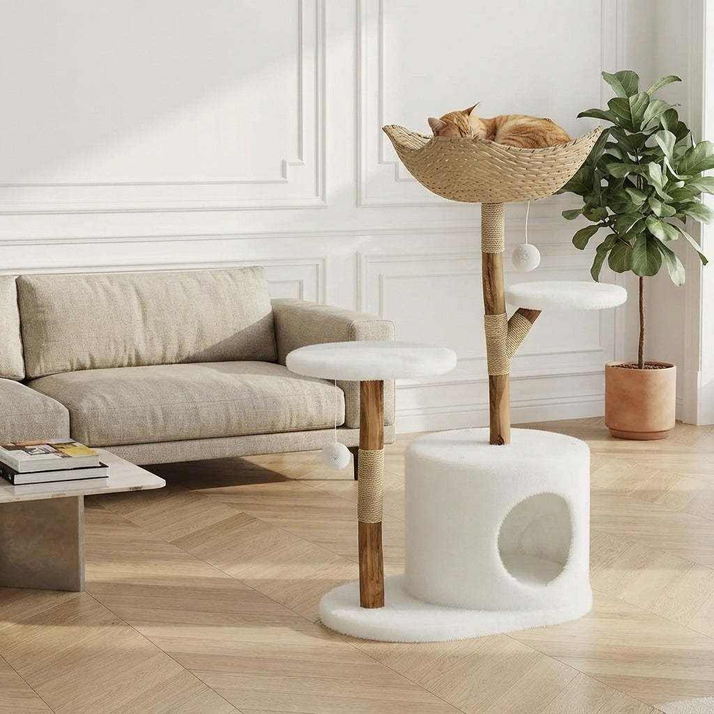 Arbre à Chat Design en Bois et Rotin 116 cm dans un salon, avec un chat