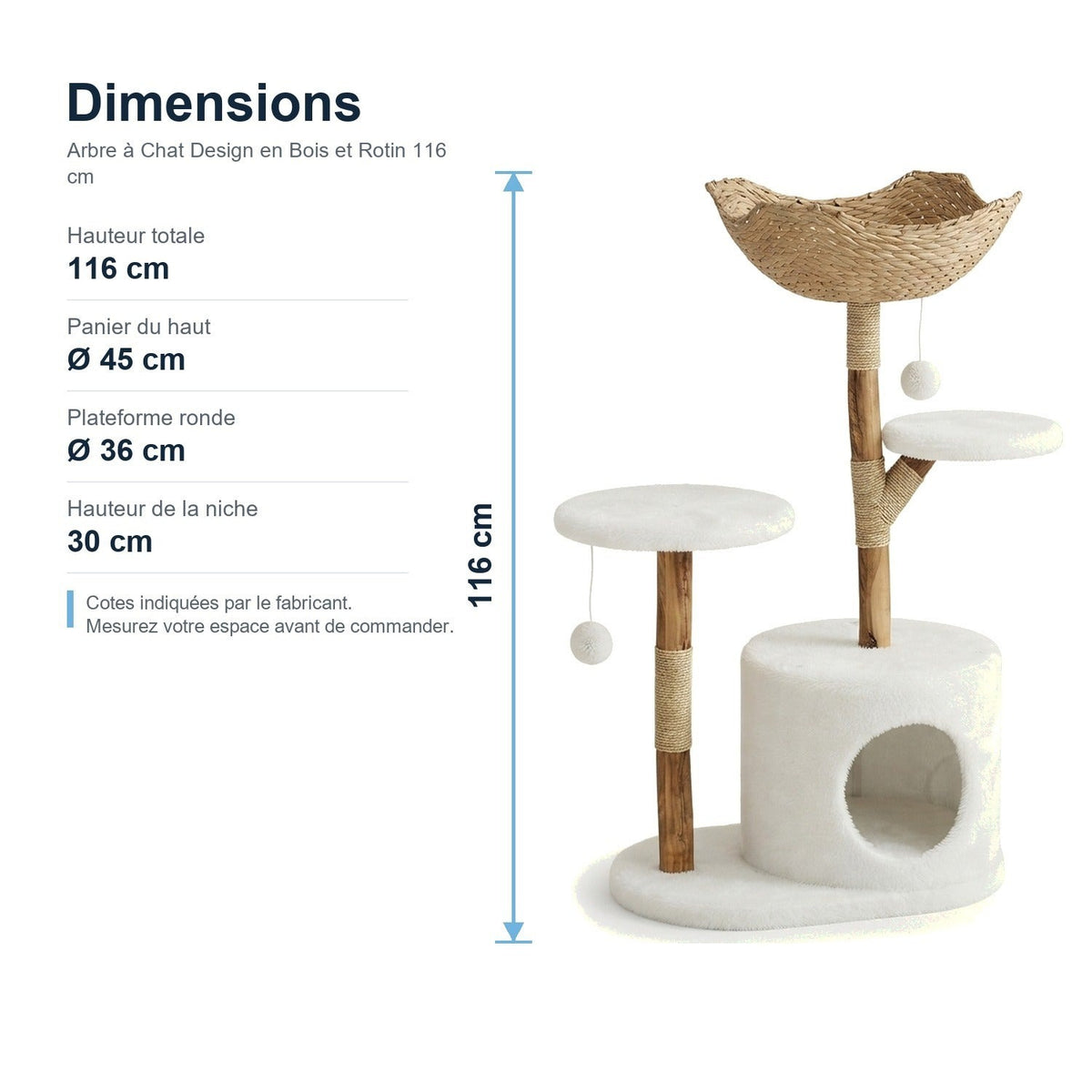 Dimensions : Arbre à Chat Design en Bois et Rotin 116 cm