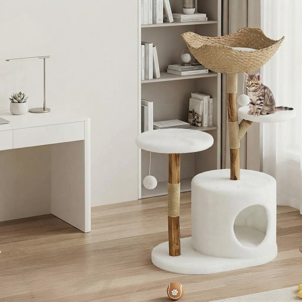 Arbre à Chat Design en Bois et Rotin 116 cm en situation dans un intérieur