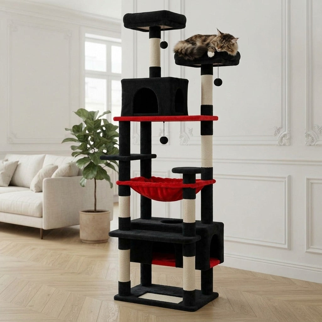 Arbre à Chat XXL 184 cm avec Hamac coloris noir dans un salon, avec un chat