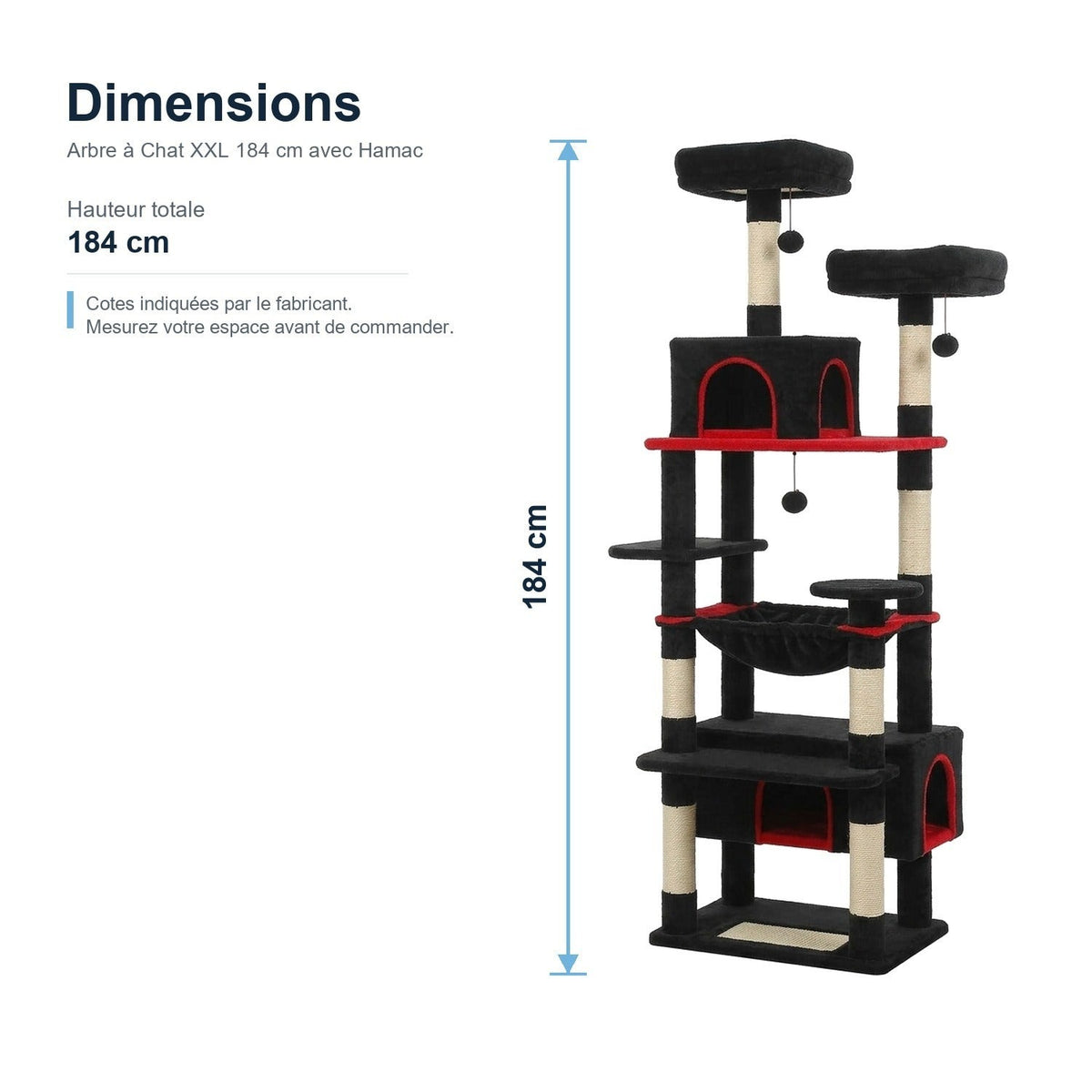 Dimensions : Arbre à Chat XXL 184 cm avec Hamac