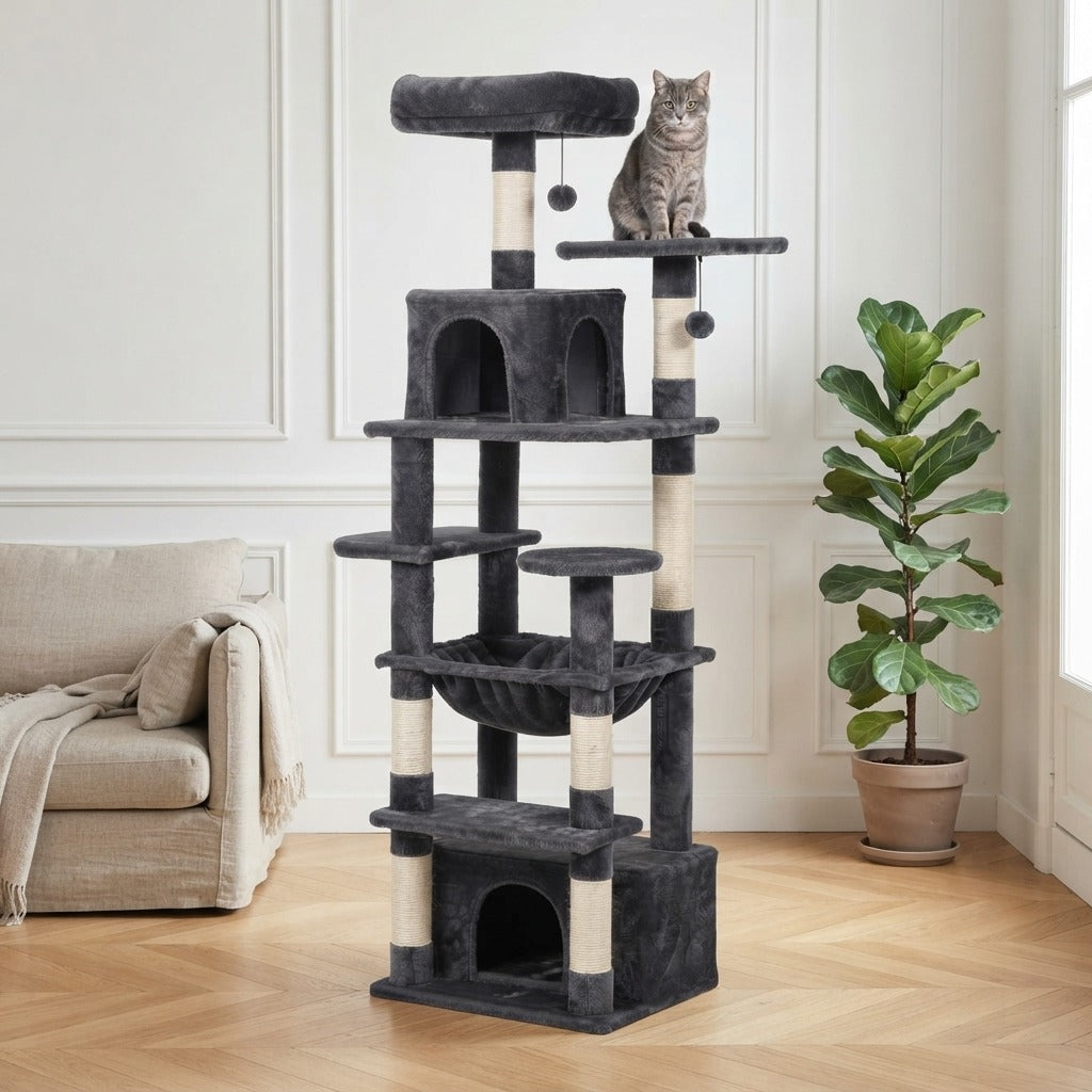 Grand Arbre à Chat 164 cm avec Hamac dans un salon, avec un chat