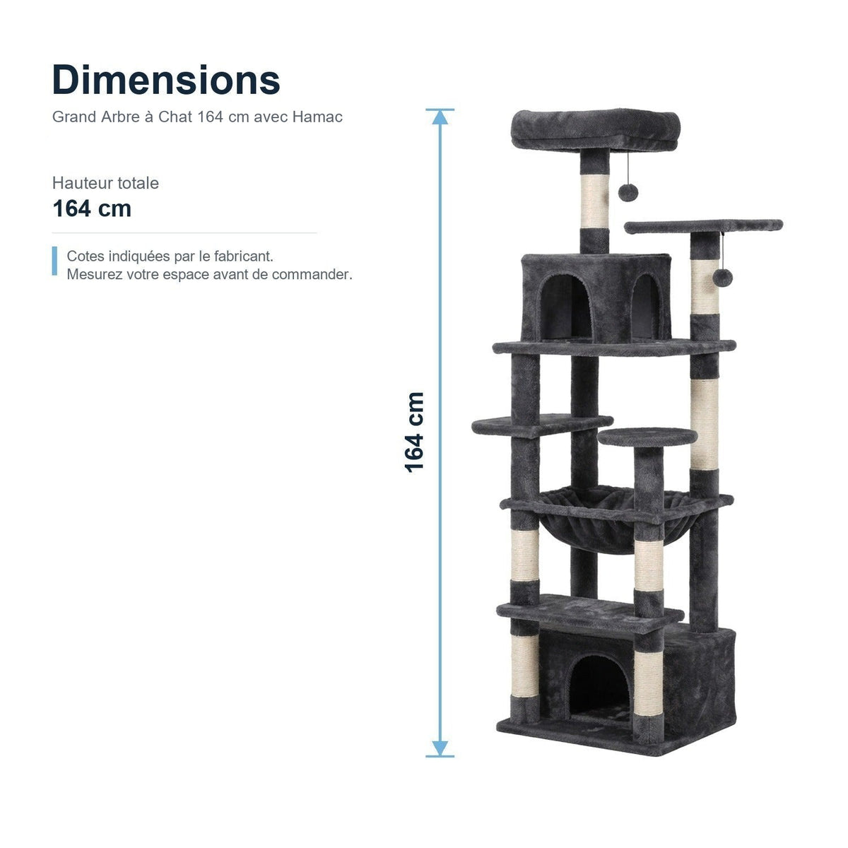 Dimensions : Grand Arbre à Chat 164 cm avec Hamac