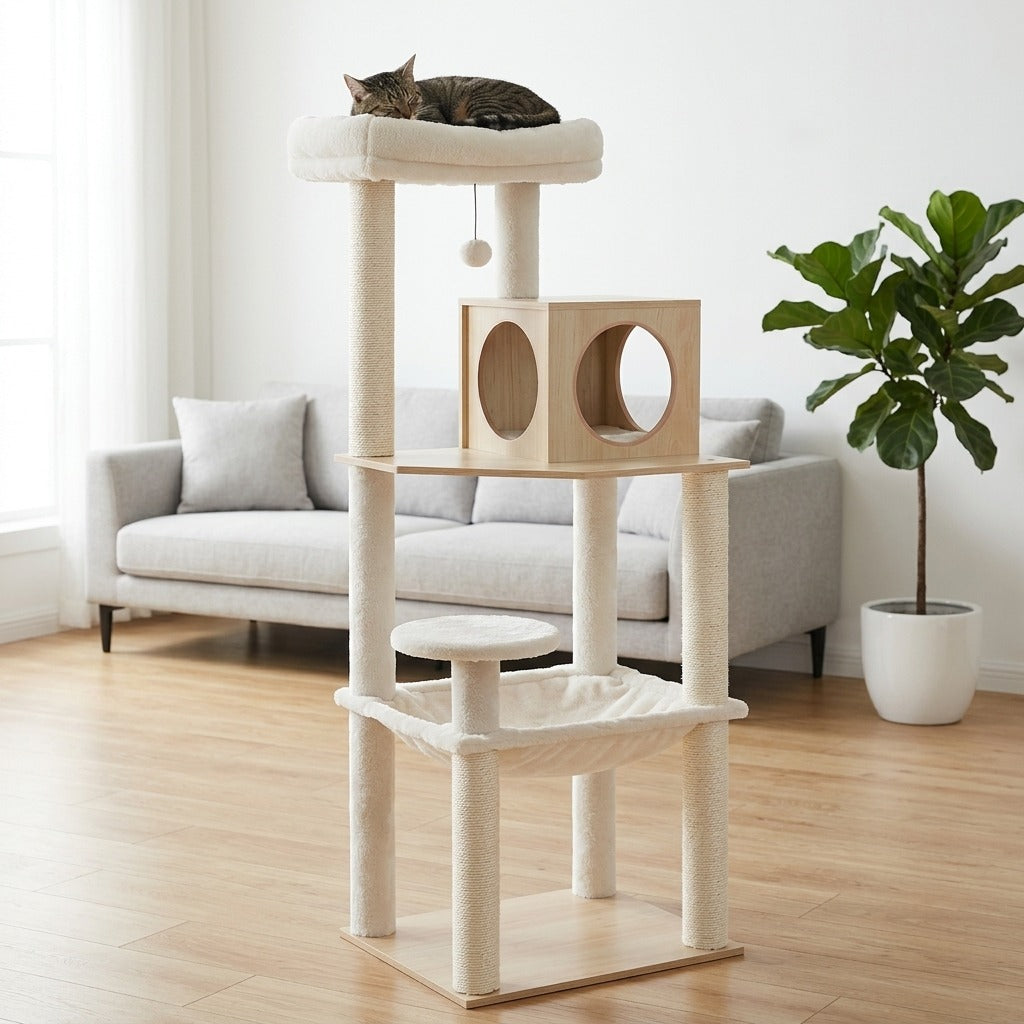 Arbre à Chat en Bois 143 cm pour Maine Coon dans un salon, avec un chat