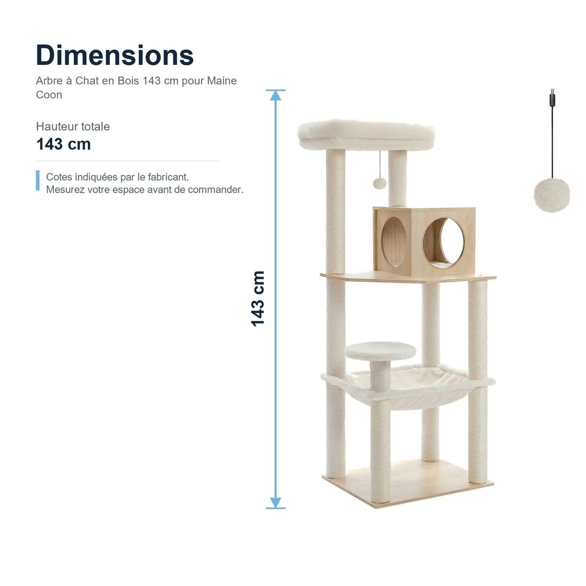 Dimensions : Arbre à Chat en Bois 143 cm pour Maine Coon