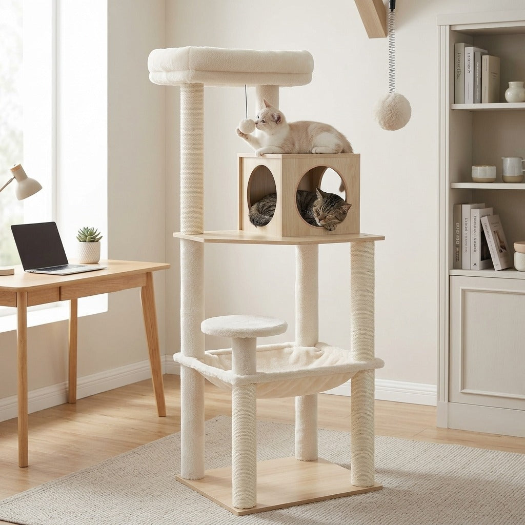 Arbre à Chat en Bois 143 cm pour Maine Coon en situation dans un intérieur