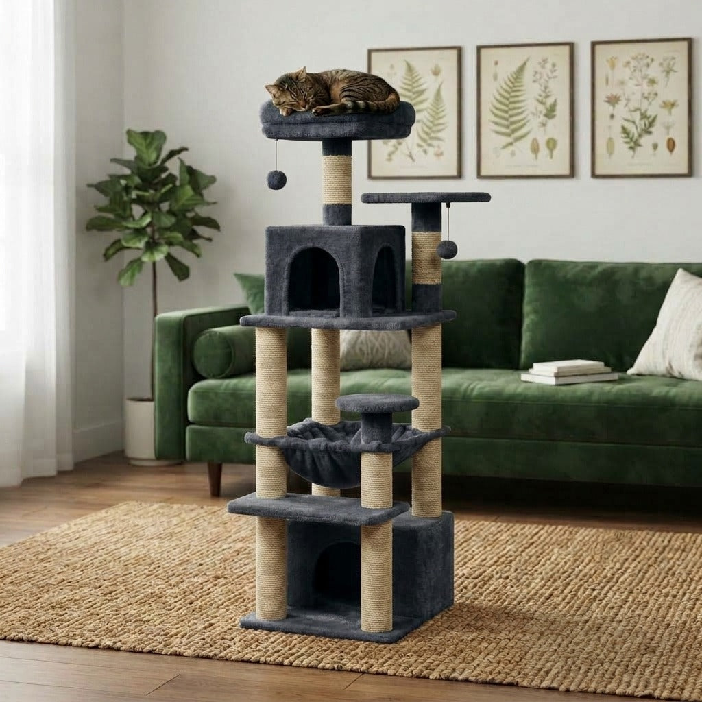 Grand Arbre à Chat 136 cm avec Griffoirs Sisal coloris gris foncé dans un salon, avec un chat