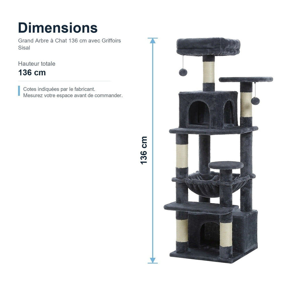 Dimensions : Grand Arbre à Chat 136 cm avec Griffoirs Sisal