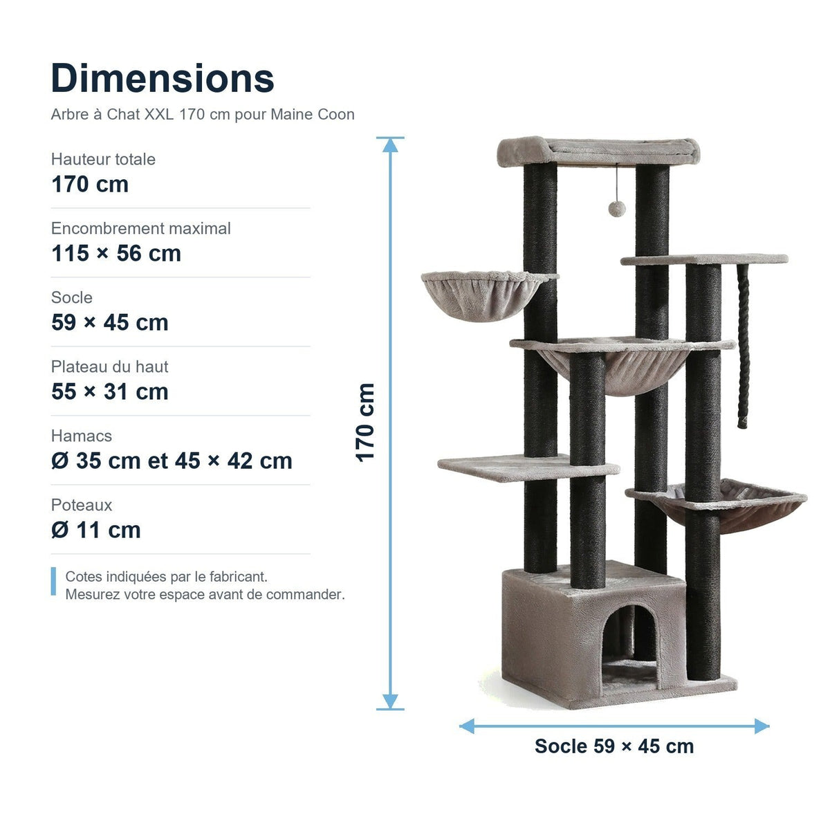 Dimensions : Arbre à Chat XXL 170 cm pour Maine Coon