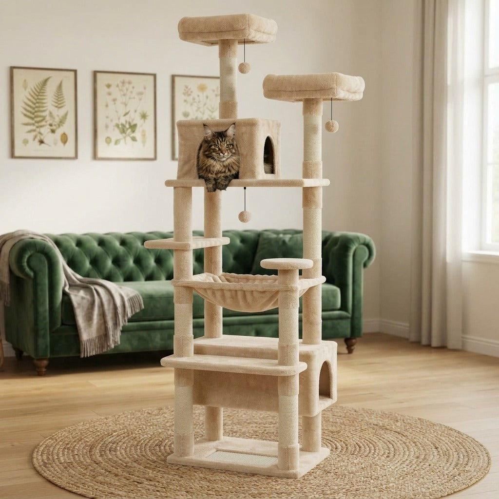 Arbre à Chat Maine Coon XXL 184 cm coloris beige dans un salon, avec un chat