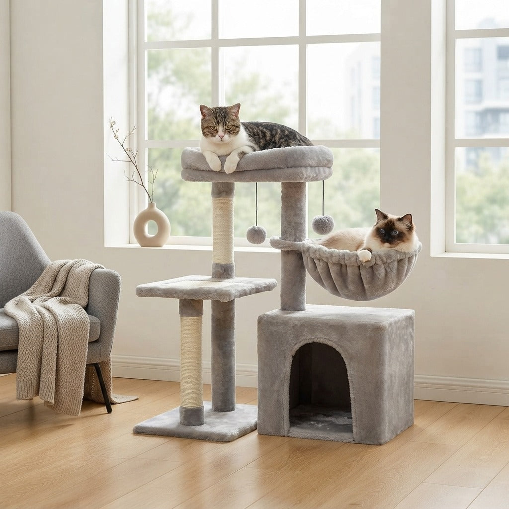 Petit Arbre à Chat 72 cm avec Hamac dans un salon, avec un chat